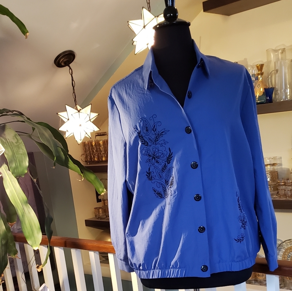 Blair Womans Embroidered Blue Gathered Waist Button Front Blouse